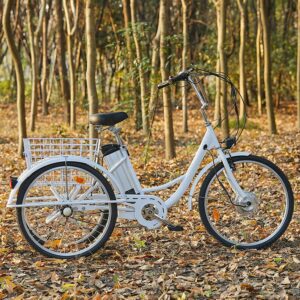 White Tricycle 24" 26" 3 Wheel Electric Bike for 250w Adults Electric Tricycle Trike, Three Wheel Ebike E Bicycle with Removable 36V 10Ah Lithium Battery, Motorized Trike with Basket for Women & Men